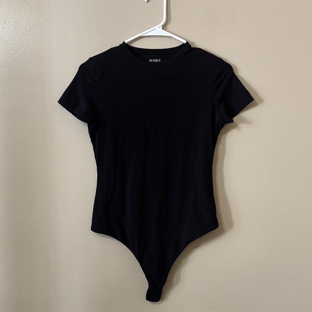 Amazon Pumiey Double Lined Crew Neck Short Sleeve Black Bodysuit